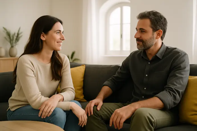 זוג יושב בנינוחות בסלון ביתם ומשוחח ברוגע