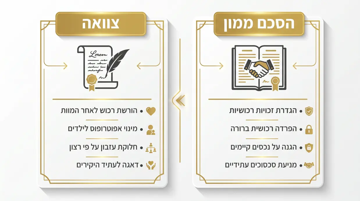 אינפוגרפיקה בעברית המשווה בין הסכם ממון לצוואה בגווני זהב ולבן
