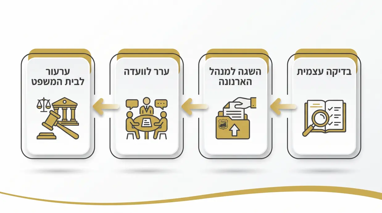 תרשים בעברית המציג את שלבי ההליך המשפטי בארנונה
