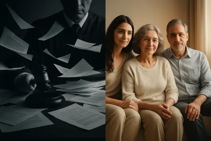 תמונה חצויה המציגה בצד אחד משפחה רגועה ובצד שני פטיש שופט וניירות מבולגנים