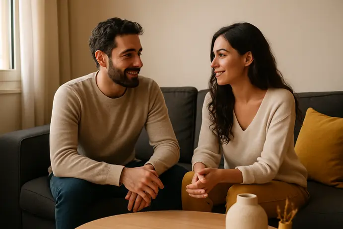 זוג יושב בסלון ומשוחח בנינוחות על הסכם ממון