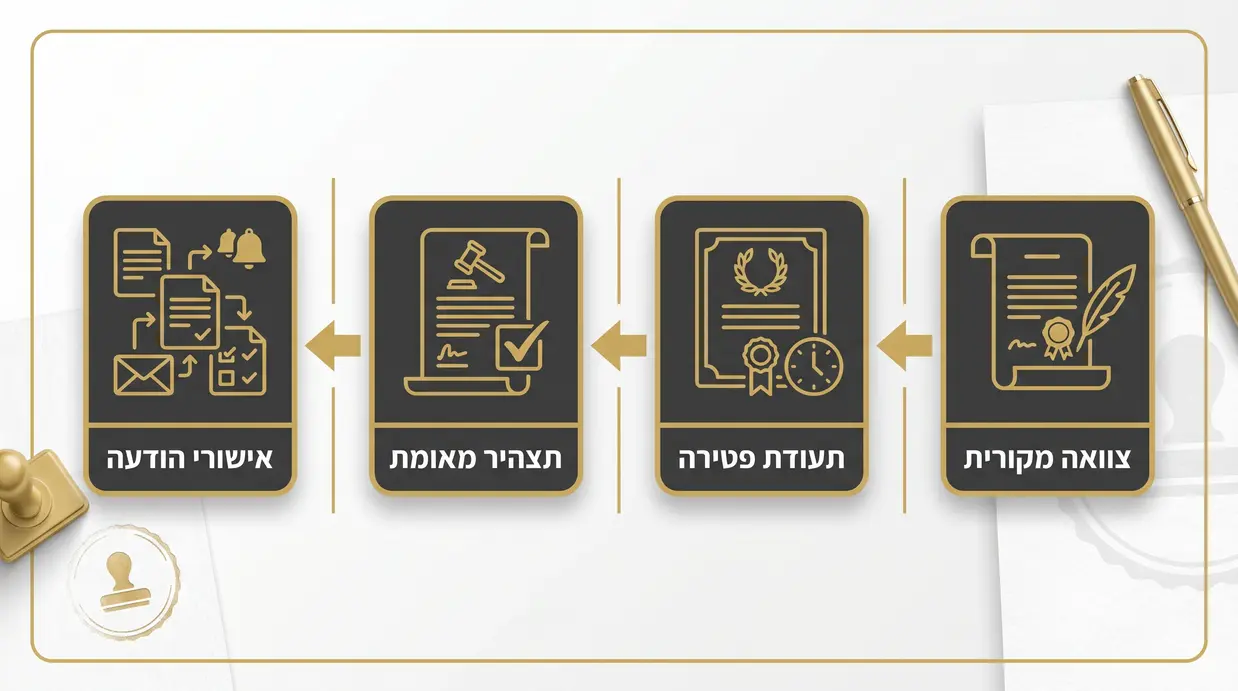 איור צ׳ק-ליסט בעברית עם מסמכים משפטיים וחותמת רשמית