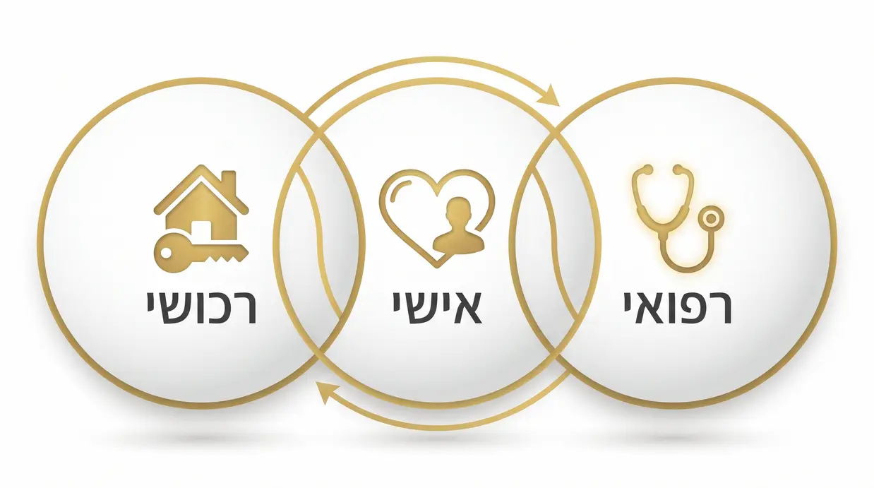 תרשים בעברית המציג את שלושת התחומים של ייפוי כוח מתמשך – רפואי, אישי ורכושי