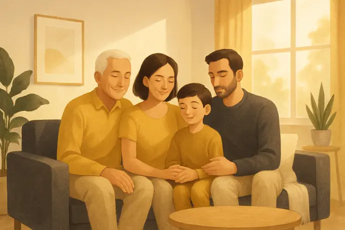 אילוסטרציה של משפחה רגועה בביתה המסמלת ביטחון בזכות תכנון ירושה נכון