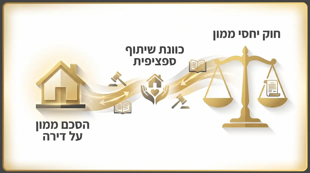 איור של בית ומאזניים משפטיים להמחשת האיזון בין החוק לנכס