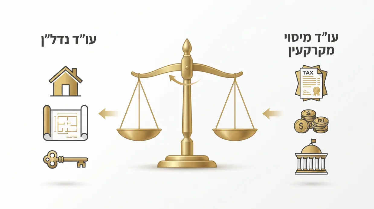 אינפוגרפיקה המציגה מאזניים עם צד אחד של מיסוי מקרקעין וצד שני של נדל