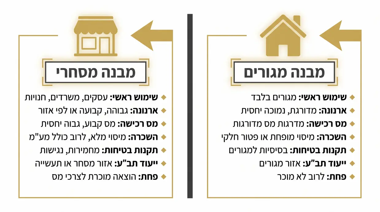 אינפוגרפיקה בעברית המשווה בין סיווג מגורים לסיווג מסחרי בארנונה