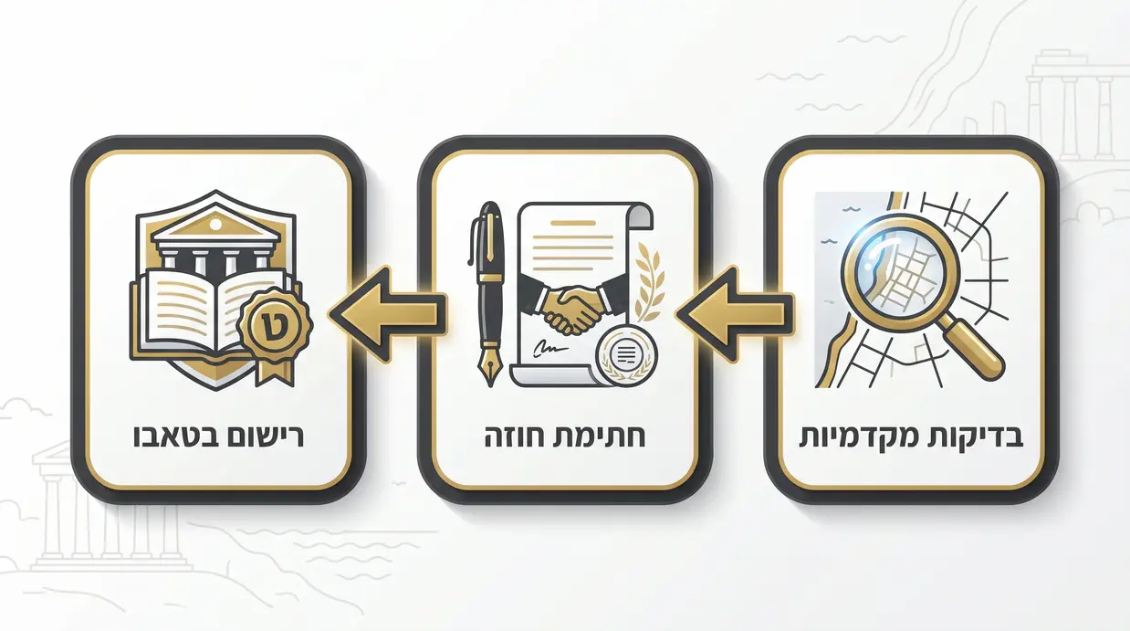 תרשים תהליך רכישת דירה בחדרה עם שלבים משפטיים ומיסויים