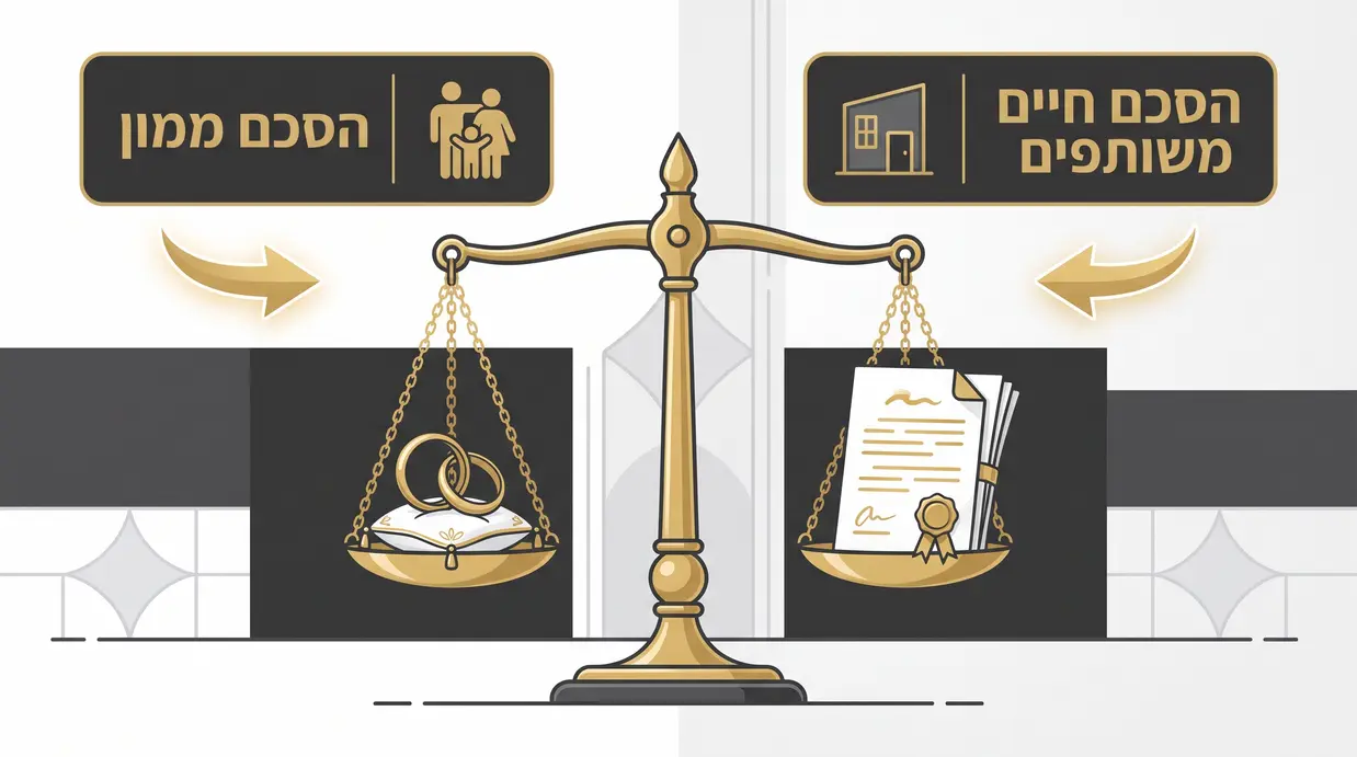 אינפוגרפיקה עם מאזניים שעל כף אחת מסמך הסכם חיים משותפים ועל כף שנייה טבעת נישואין