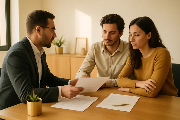 זוג יושב מול יועץ בנקאי ומנהל שיחה על הסכם חיים משותפים