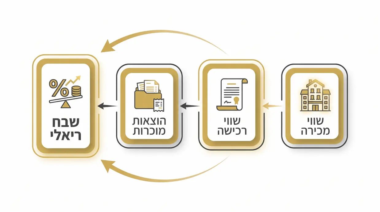 אינפוגרפיקה בעברית המסבירה את הקשר בין שווי מכירה, שווי רכישה, הוצאות מוכרות והשבח הריאלי במס שבח