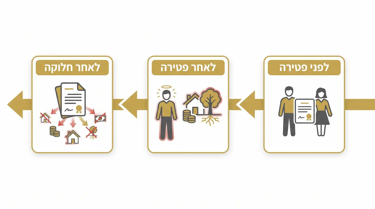 אינפוגרפיקה בעברית המציגה שלבים שונים של שינוי או ביטול צוואה הדדית לפני ואחרי פטירה וחלוקת העיזבון