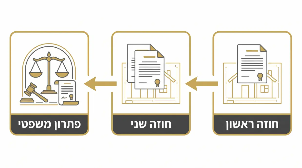 אילוסטרציה של שני חוזים שונים על אותו שרטוט בית להמחשת עסקאות סותרות בנדל״ן