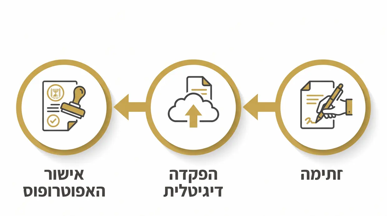 תרשים בעברית המציג את שלבי הפקדת ייפוי הכוח – חתימה, הפקדה דיגיטלית ואישור האפוטרופוס הכללי.