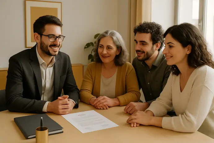 בני משפחה יושבים סביב שולחן עם עורך דין, בוחנים מסמכים ומסכימים על חלוקת עיזבון