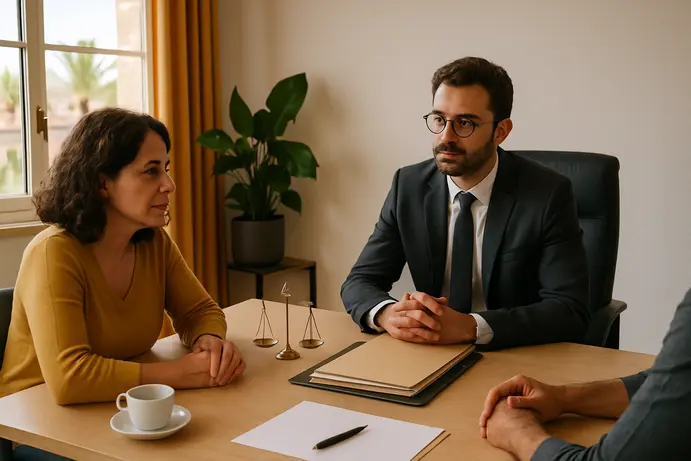 שני אנשים בשיחה רגועה עם עורך דין במשרד מואר, מסמלת תקשורת פתוחה ומניעת סכסוכים משפחתיים.