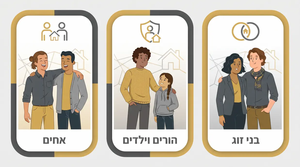 אינפוגרפיקה בעברית המשווה בין בני זוג, הורים וילדים ואחים לצורך הסכם מתנה במקרקעין