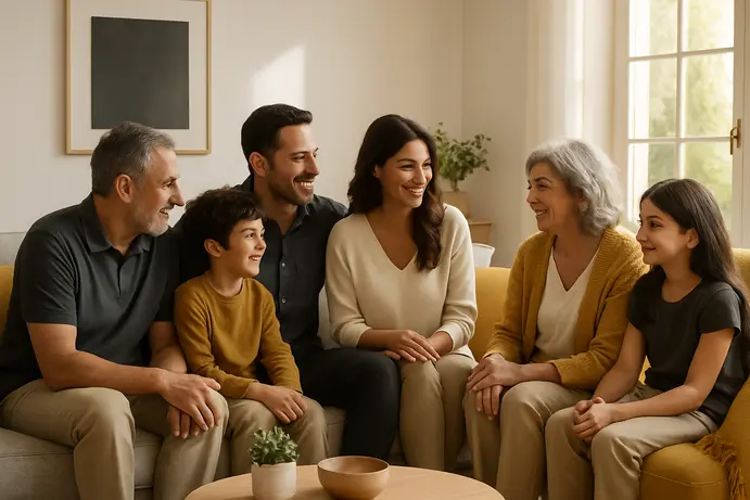 משפחה רב דורית יושבת יחד בסלון מואר ומחייכת, להמחשת קהל היעד לייפוי כוח מתמשך
