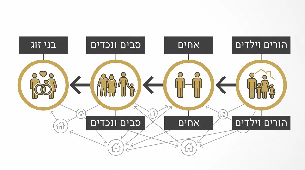 אילוסטרציה של עץ משפחה עם הבדלים במיסוי בין קרובים שונים
