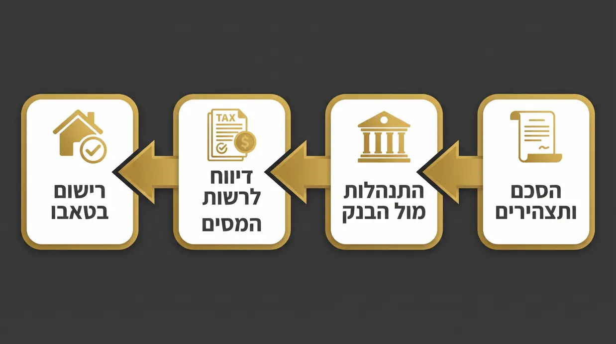 אינפוגרפיקה בעברית המציגה שלבים ברצף לביצוע העברת דירה ללא תמורה עד לרישום בטאבו