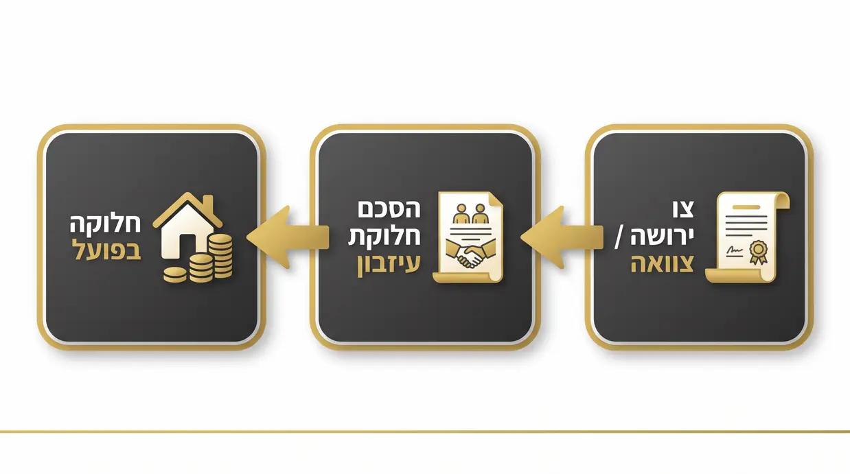 תרשים בעברית שממחיש את הקשר בין צו ירושה, הסכם חלוקת עיזבון והחלוקה בפועל בין היורשים