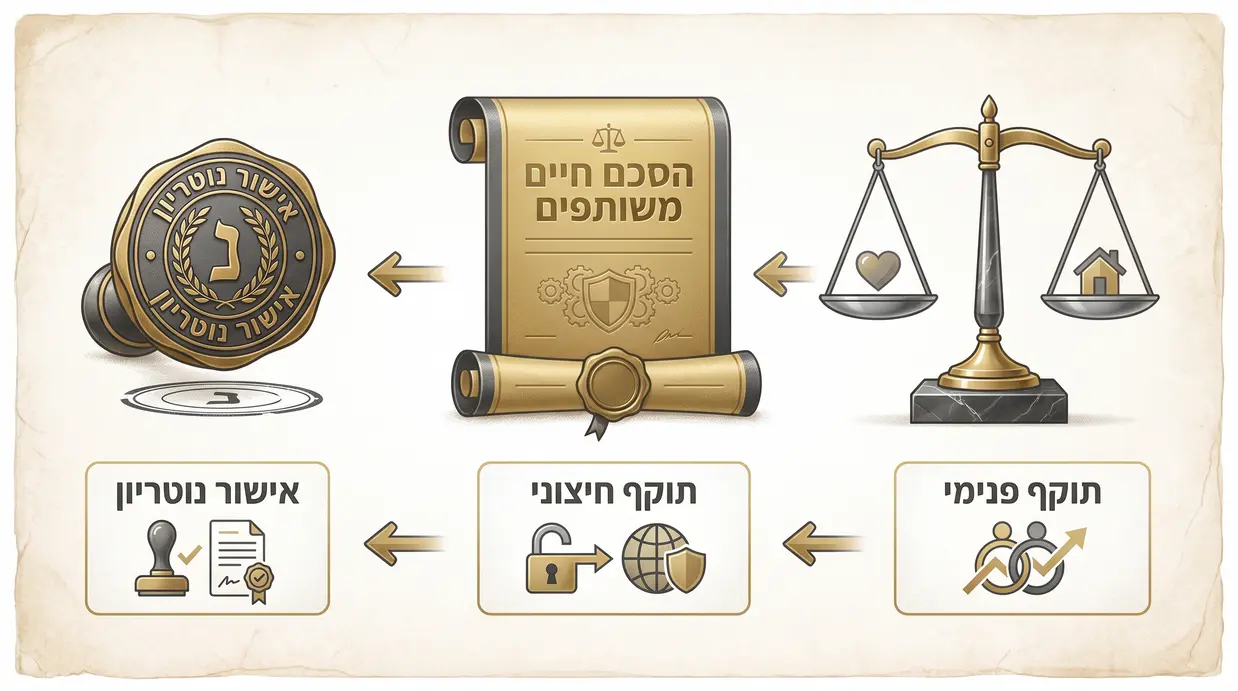אילוסטרציה של מסמך משפטי ומאזניים המדגישה תוקף פנימי וחיצוני להסכם