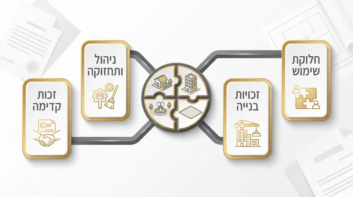 אינפוגרפיקה בעברית המציגה מפת מושגים של סעיפים מגנים בהסכם שיתוף במקרקעין, בצבעי זהב, לבן ואפור כהה