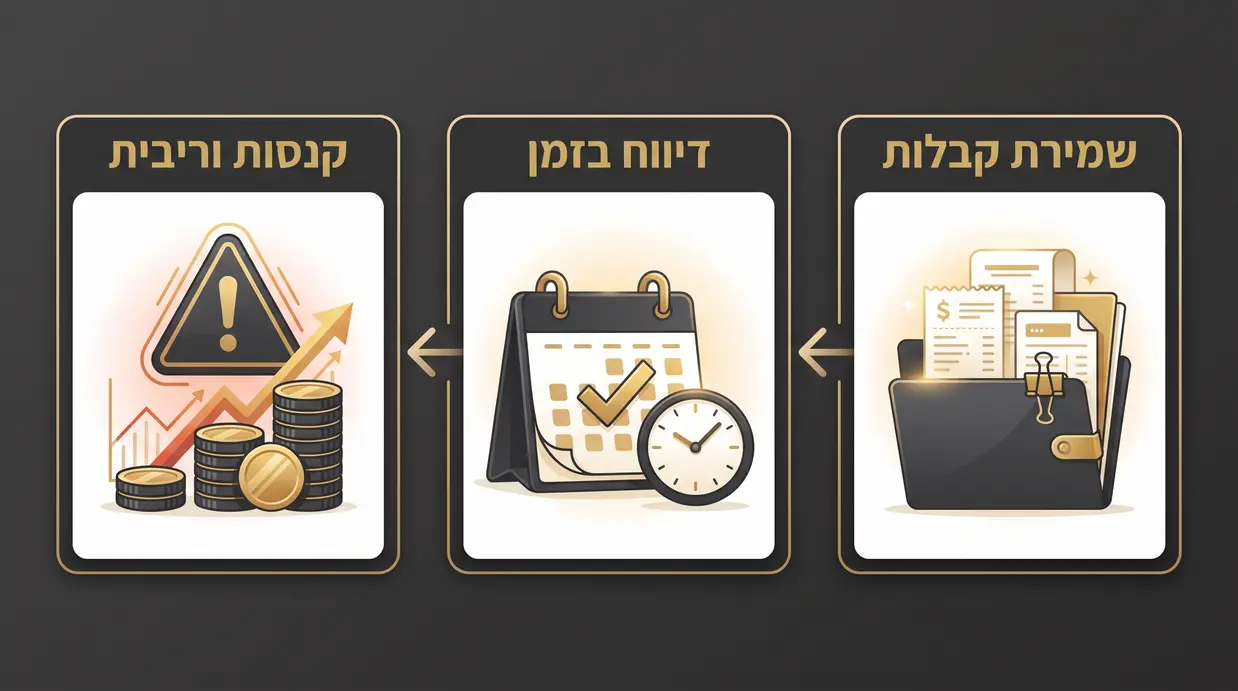 אינפוגרפיקה בעברית המדגישה סיכונים במס שבח: שמירת קבלות, דיווח בזמן, קנסות וריבית
