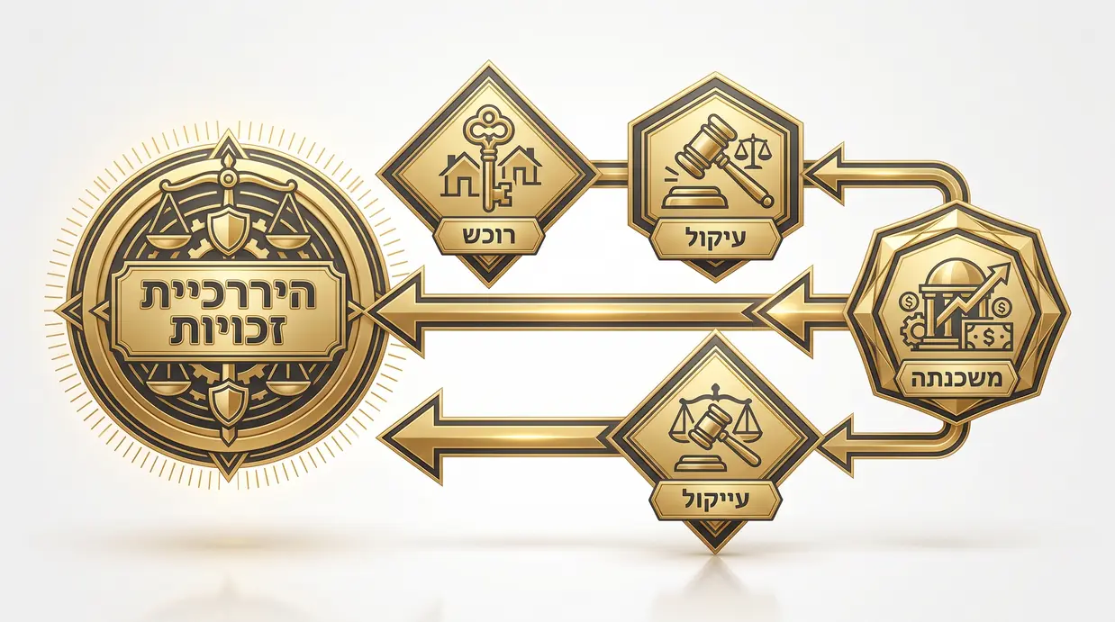 גרפיקה עם מאזניים המציגה היררכיית זכויות בין משכנתה, עיקול ורוכש