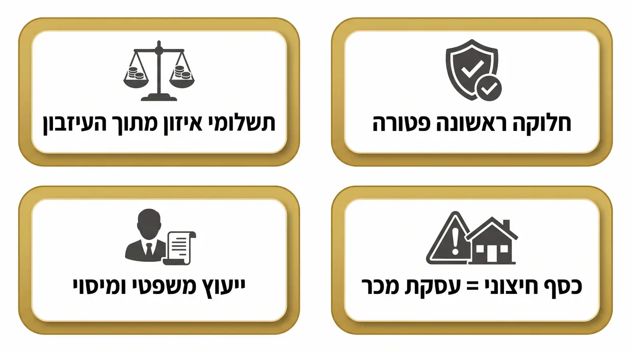 אינפוגרפיקה בעברית המדגישה יתרונות וסיכוני מס בחלוקת עיזבון ותשלומי איזון