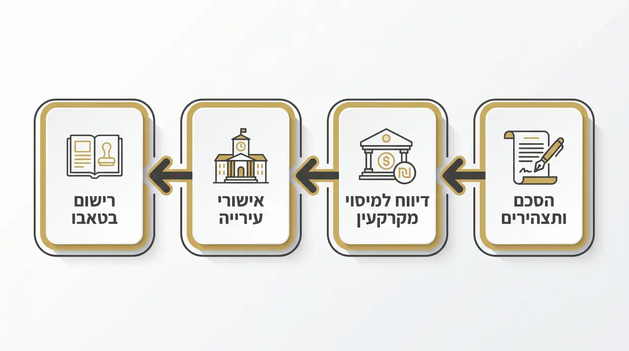 תרשים זרימה בעברית המתאר שלב אחרי שלב את תהליך העברת דירה במתנה עד לרישום בטאבו