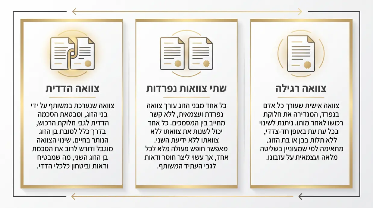 אינפוגרפיקה בעברית המשווה בין צוואה רגילה, שתי צוואות נפרדות וצוואה הדדית