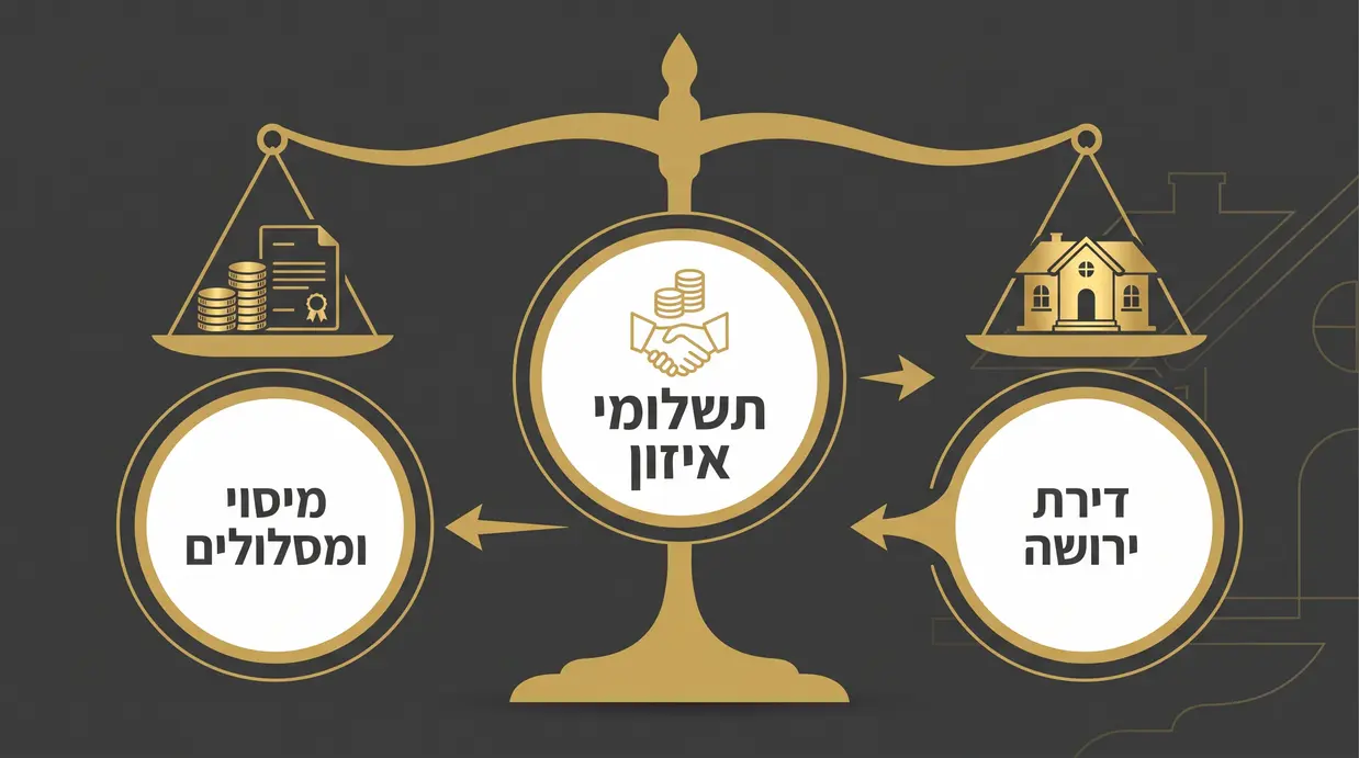 אינפוגרפיקה בעברית עם מאזניים שעליהם דירת ירושה מצד אחד וכסף מצד שני, והסבר חזותי על תשלומי איזון ומיסוי