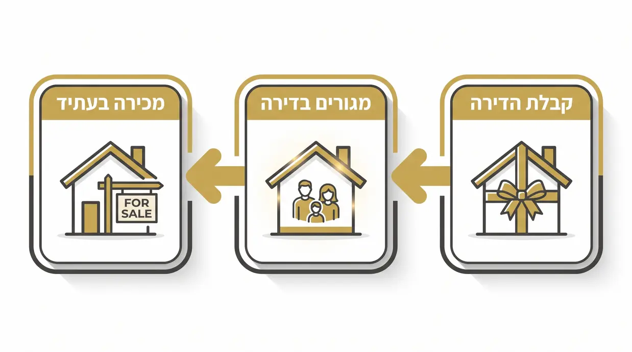 אינפוגרפיקה בעברית המציגה בתהליך את קבלת הדירה במתנה, מגורים בדירה ויכולת מכירה עתידית לאחר תקופת צינון