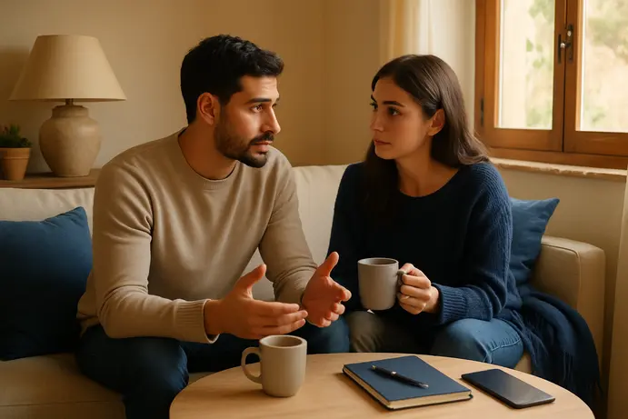 זוג צעיר יושב בסלון ביתי עם כוסות קפה, משוחחים בנחת על נושא כלכלי ברגישות והקשבה הדדית