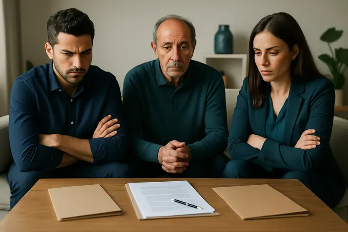 בני משפחה יושבים משני צידי שולחן באווירה מתוחה סביב מסמכים משפטיים