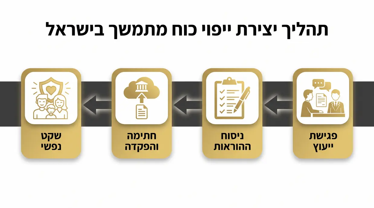 אינפוגרפיקה בעברית המציגה תהליך עריכת ייפוי כוח מתמשך בארבעה שלבים מימין לשמאל, מפגישת ייעוץ ועד שקט נפשי