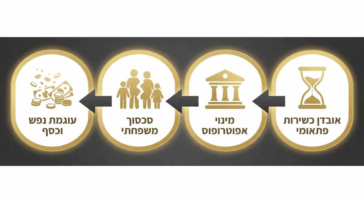 אינפוגרפיקה בעברית המציגה שרשרת סיכונים בדחיית ייפוי כוח מתמשך, משעון חול ועד סכסוך משפחתי והפסד כספי