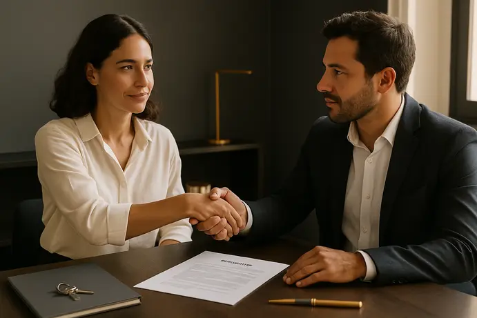 לחיצת יד מעל שולחן עם הסכם מכר דירה במשרד עורכי דין