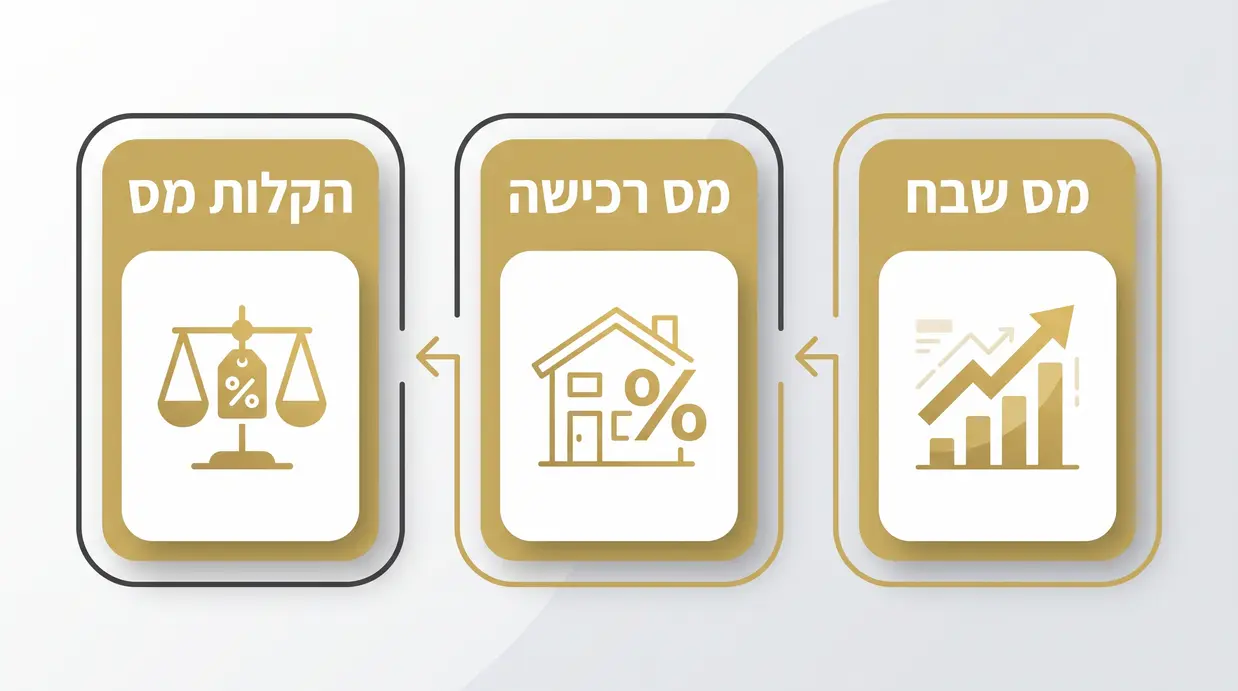 אינפוגרפיקה בעברית המסבירה את הקשר בין מס שבח, מס רכישה והקלות מס בהעברת דירה במתנה