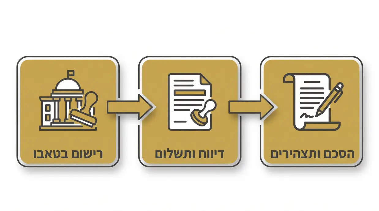 אינפוגרפיקה בשלבים בעברית המתארת את תהליך העברת דירה ללא תמורה מהסכם ותצהירים ועד רישום בטאבו